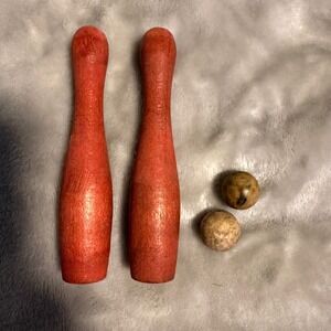 Vintage Mini Wooden Skittles Bowling‎ Pins & Balls Set – Red Wood Toy Game
